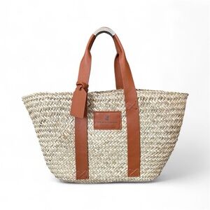 Leather-Trim Straw Tote Bag